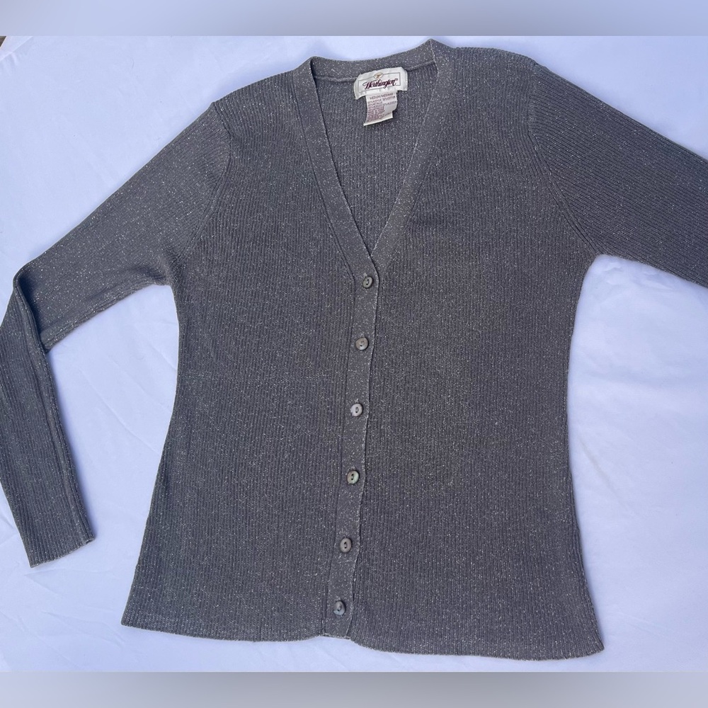 Worthington | Women’s Silver Metallic Sparkle Ribbed Long Sleeve V-Neck | Size M